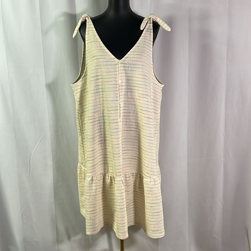 LOFT Cream Multicolor Striped Bow Strap Ruffle Hem Dress